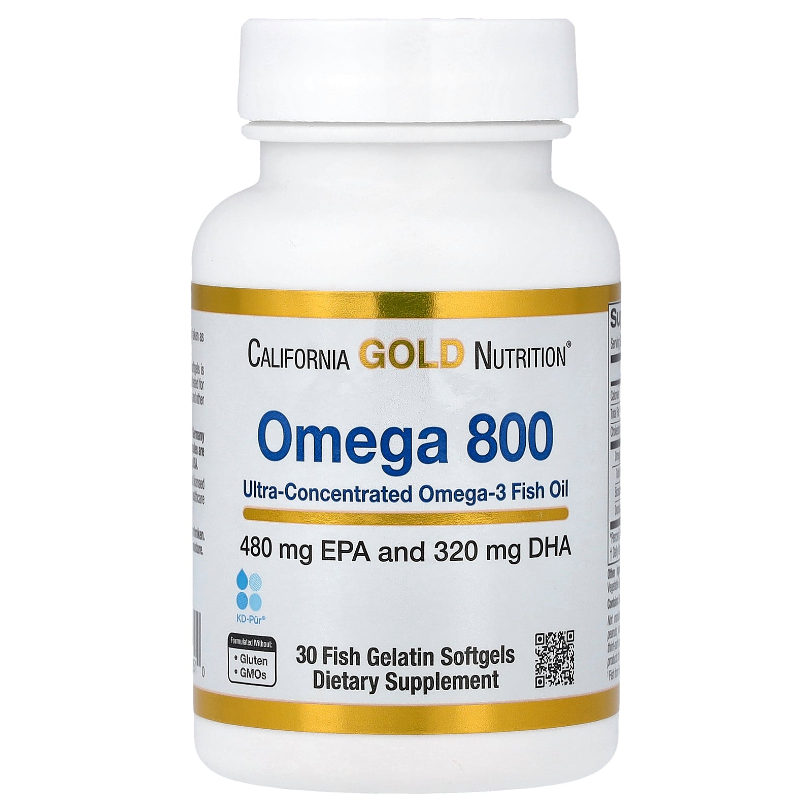 California Gold Nutrition, Omega 800 Ultra-Concentrated Omega-3 Fish Oil, kd-pur® Triglyceride Form, 30 Fish Gelatin Softgels (1,000 mg per Softgel)