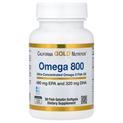 California Gold Nutrition, Omega 800 Ultra-Concentrated Omega-3 Fish Oil, kd-pur® Triglyceride Form, 30 Fish Gelatin Softgels (1,000 mg per Softgel)