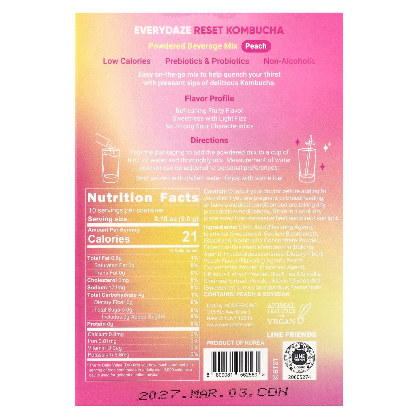 Everydaze, Reset Kombucha, Powdered Beverage Mix, Peach, 10 Packets, 0.18 oz (5 g) Each