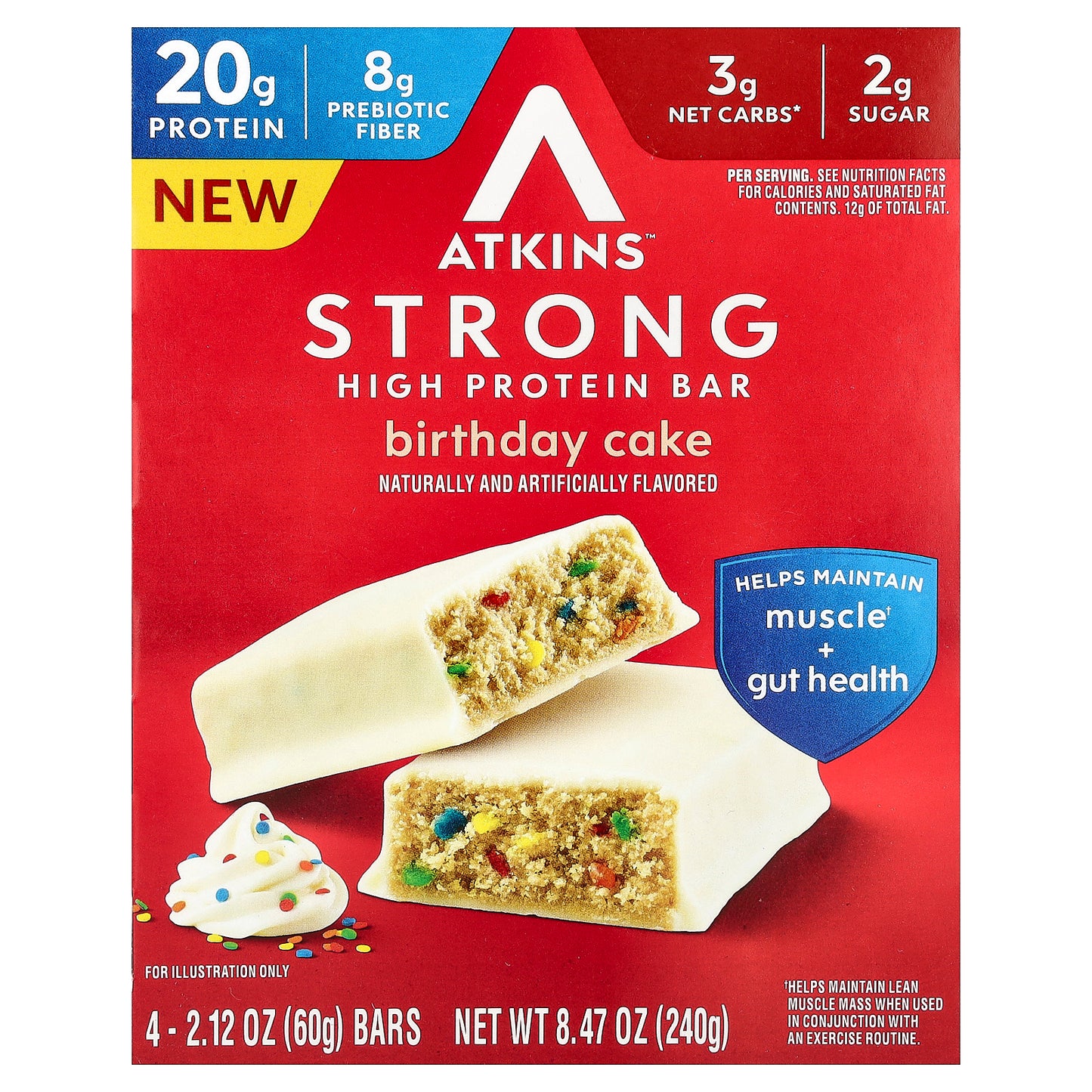 Atkins, Strong, High Protein Bar, Birthday Cake, 4 Bars, 2.12 oz (60 g) Each