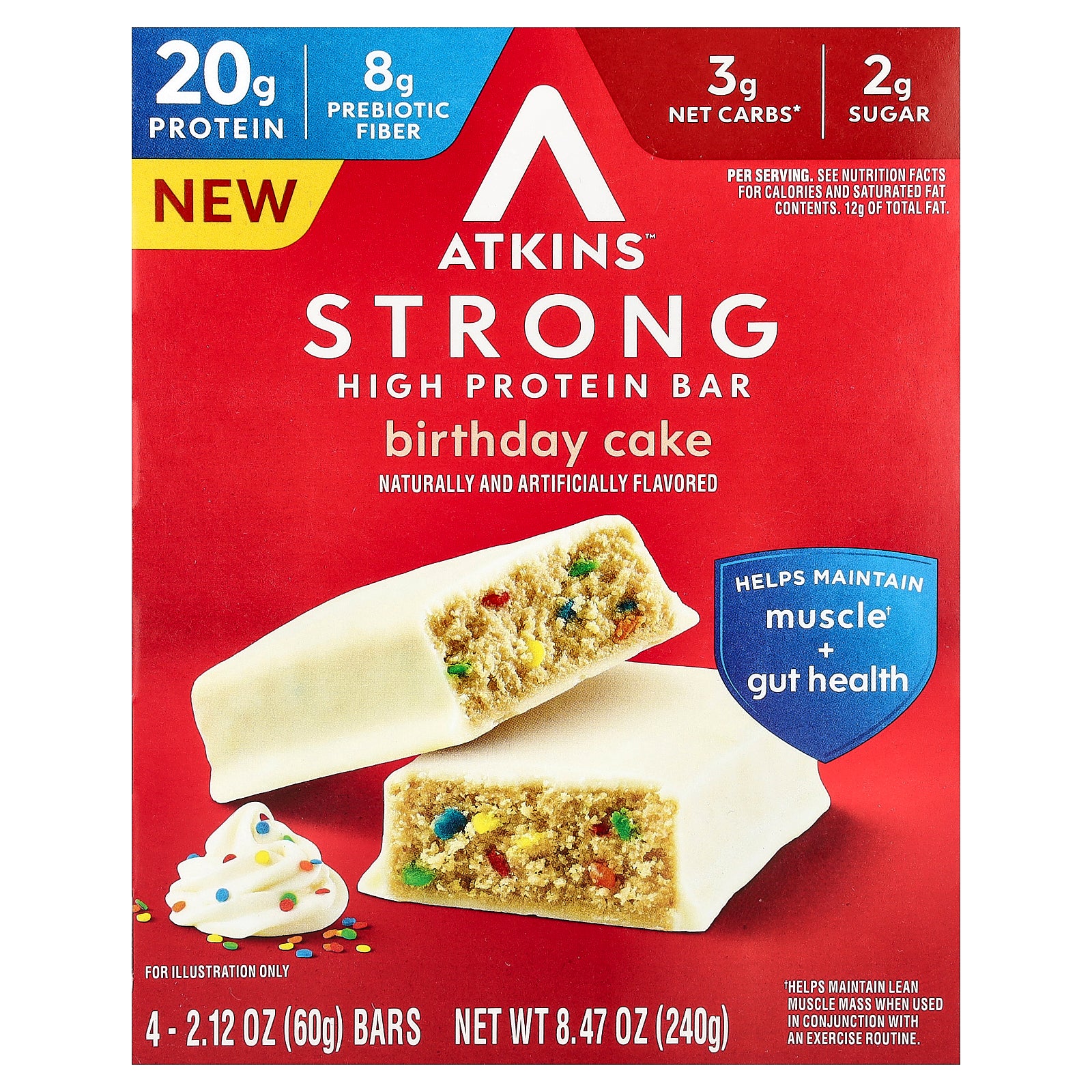 Atkins, Strong, High Protein Bar, Birthday Cake, 4 Bars, 2.12 oz (60 g) Each