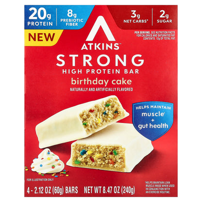 Atkins, Strong, High Protein Bar, Birthday Cake, 4 Bars, 2.12 oz (60 g) Each