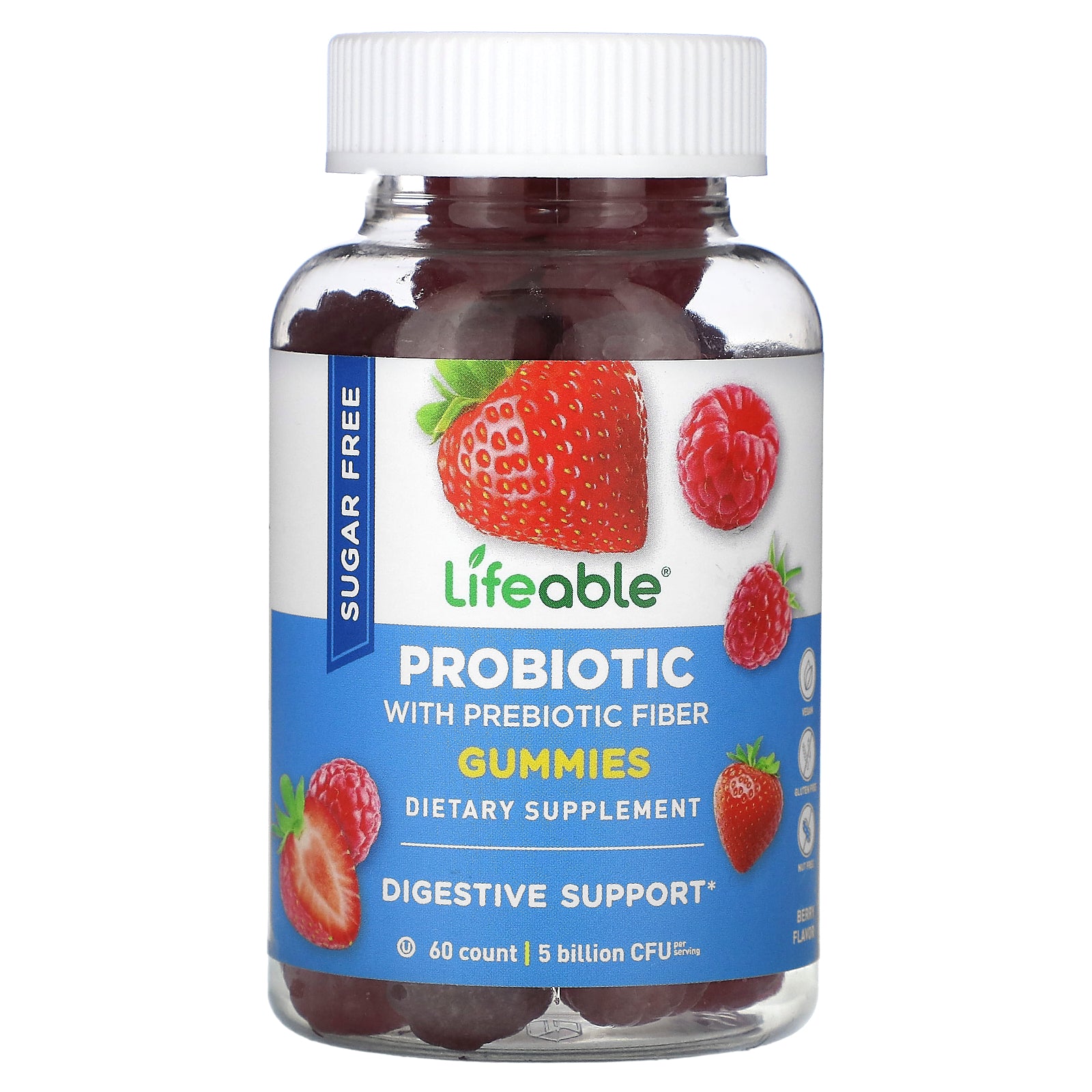 Lifeable, Probiotic with Prebiotic Fiber Gummies, Sugar Free, Berry, 60 Gummies
