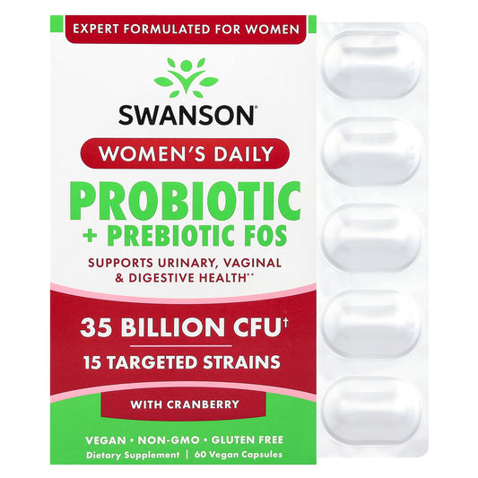 Swanson, Women's Daily Probiotic + Prebiotic FOS With Cranberry, 35 Billion CFU, 60 Vegan Capsules