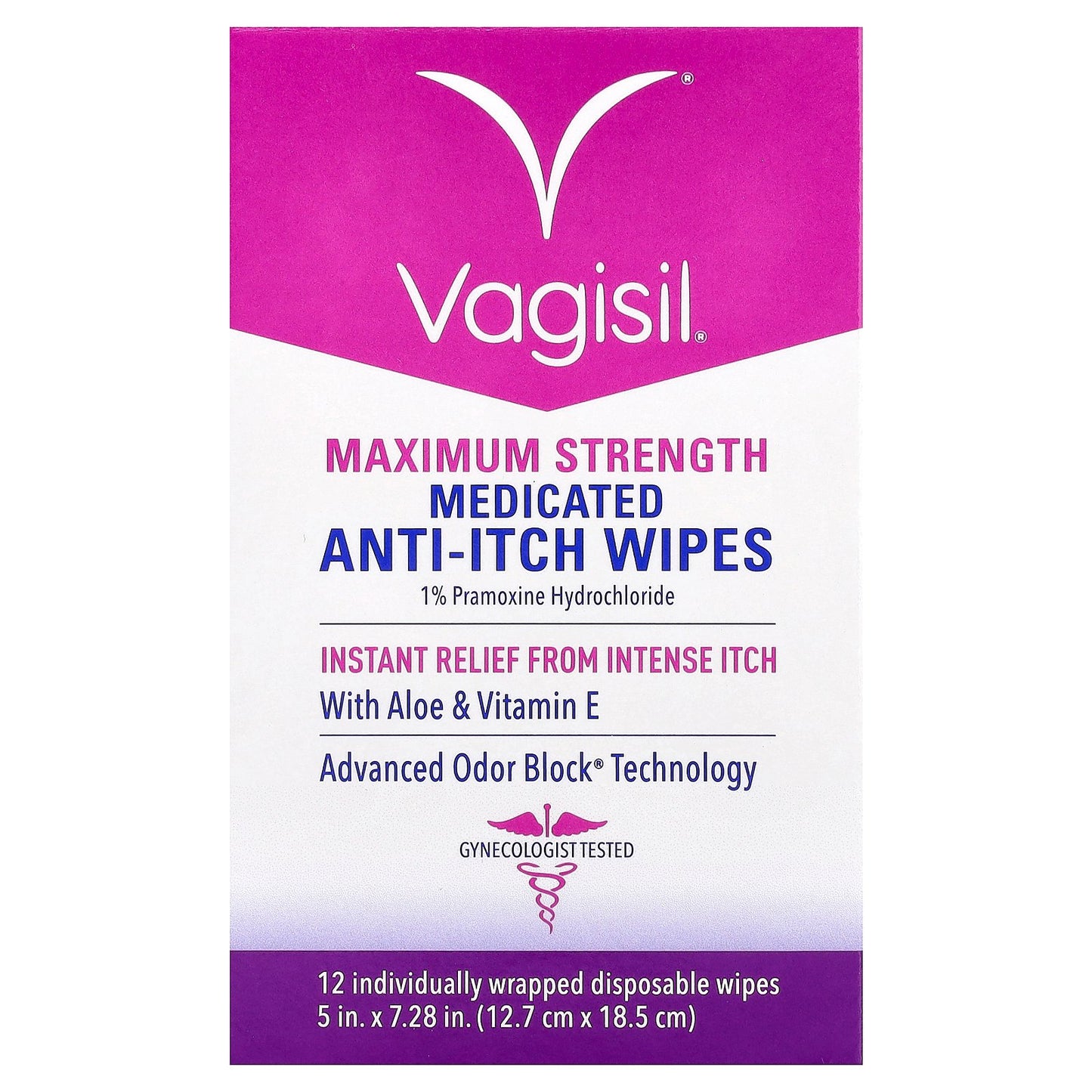 Vagisil, Medicated Anti-Itch Wipes, Maximum Strength, 12 Individually Wrapped Disposable Wipes
