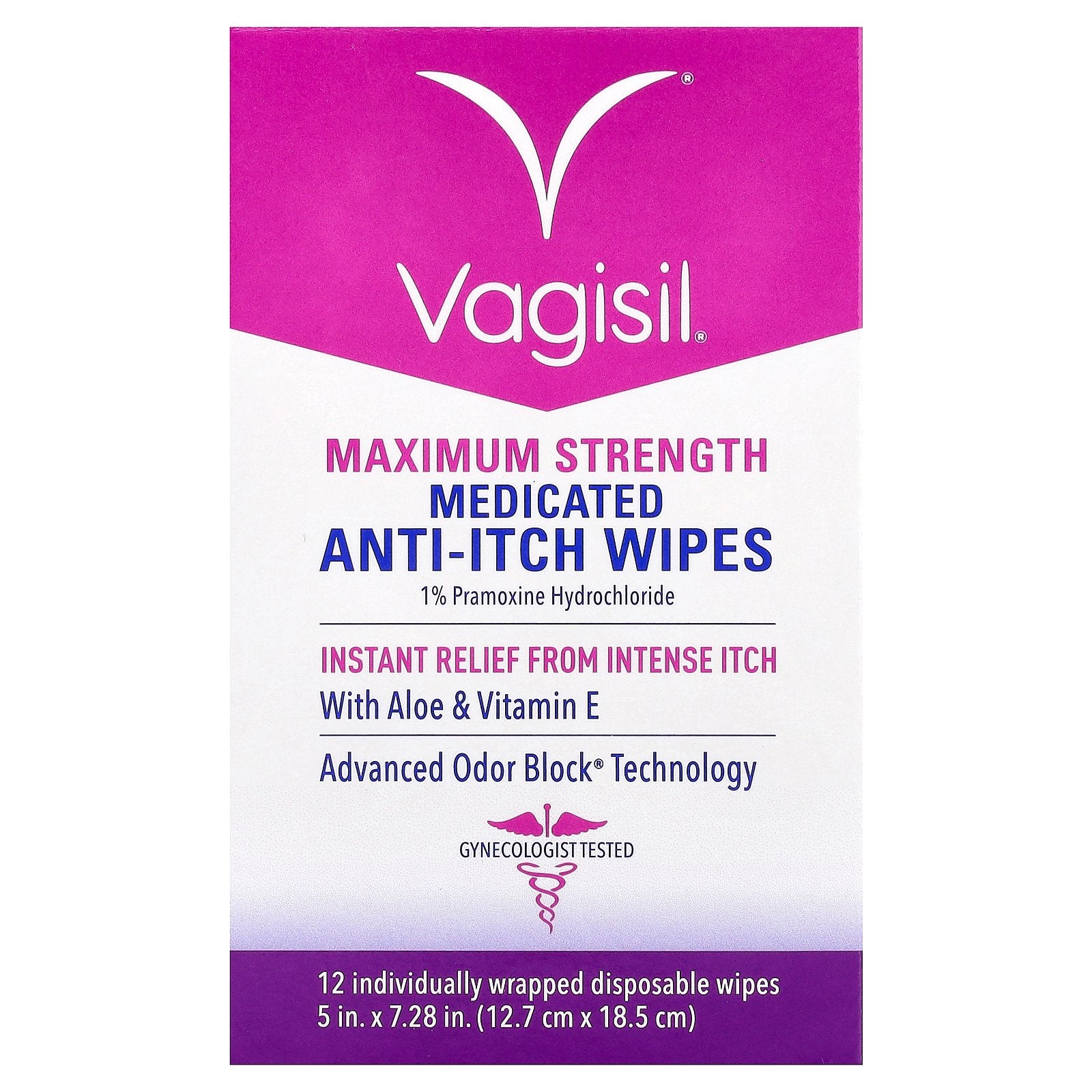 Vagisil, Medicated Anti-Itch Wipes, Maximum Strength, 12 Individually Wrapped Disposable Wipes