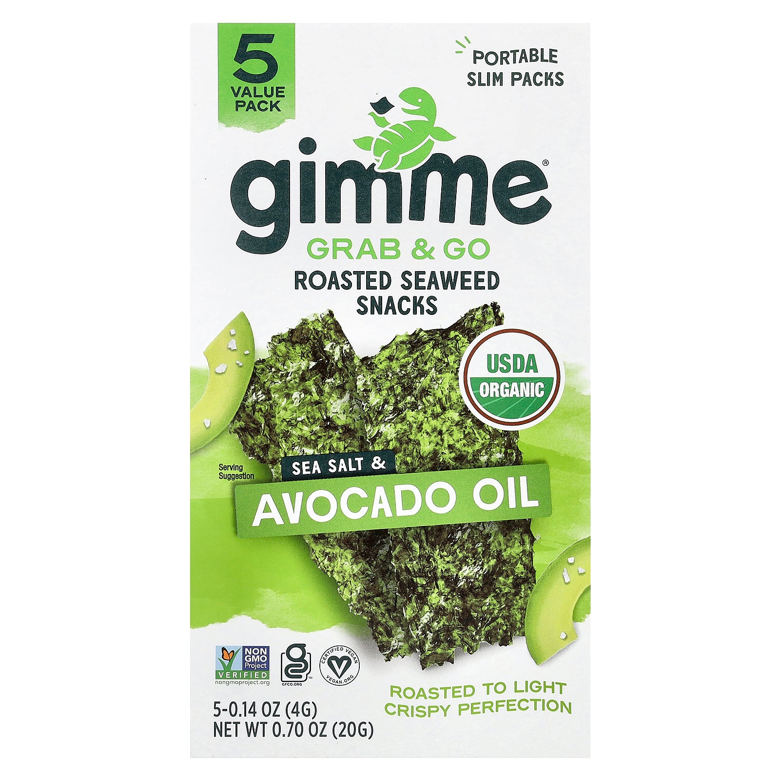 gimMe, Grab & Go Roasted Seaweed Snacks, Sea Salt & Avocado Oil, 5 Pack, 0.14 oz (4 g) Each