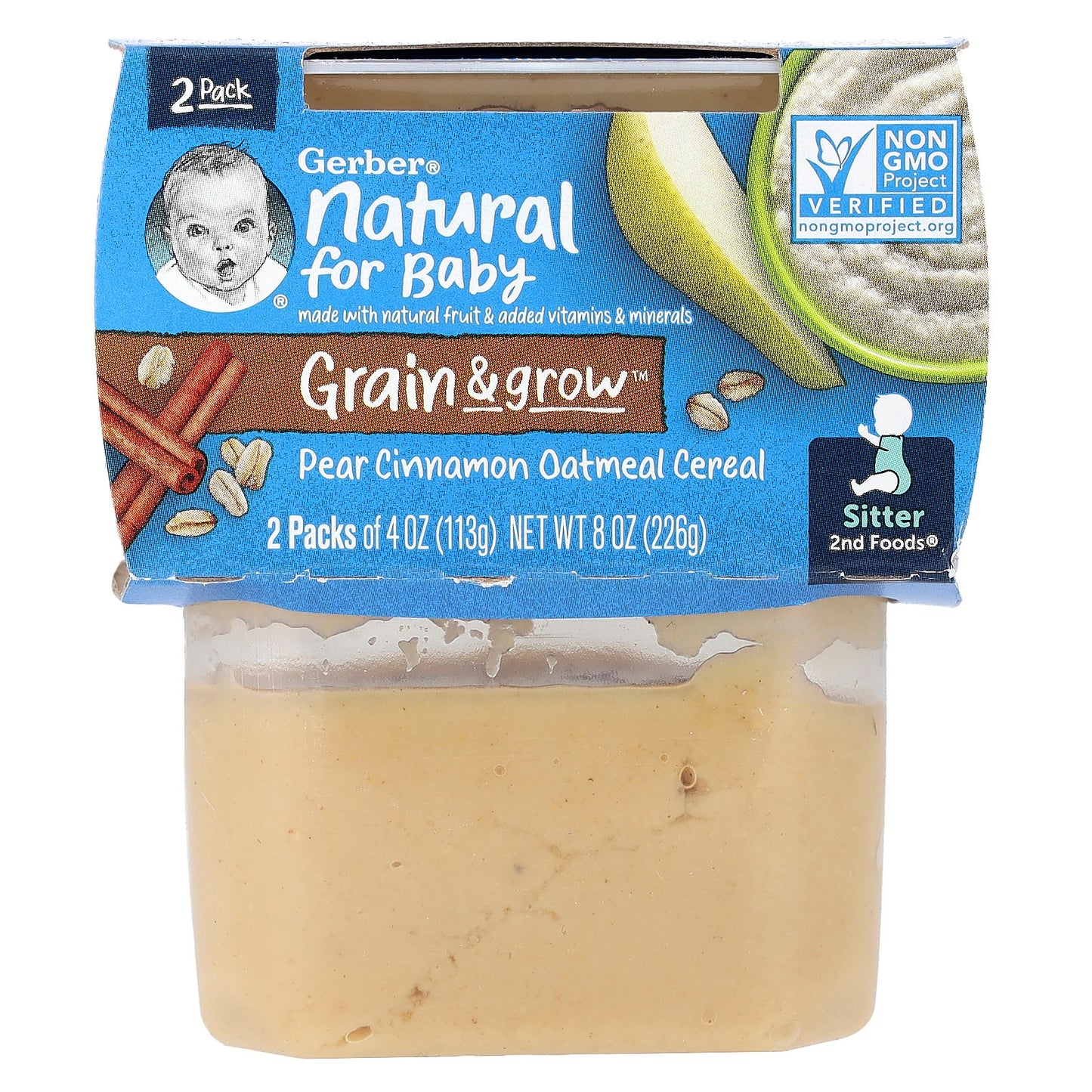 Gerber, Natural for Baby, Grain & Grow™, 2nd Foods®, Pear Cinnamon Oatmeal Cereal, 2 Pack, 4 oz (113 g) Each
