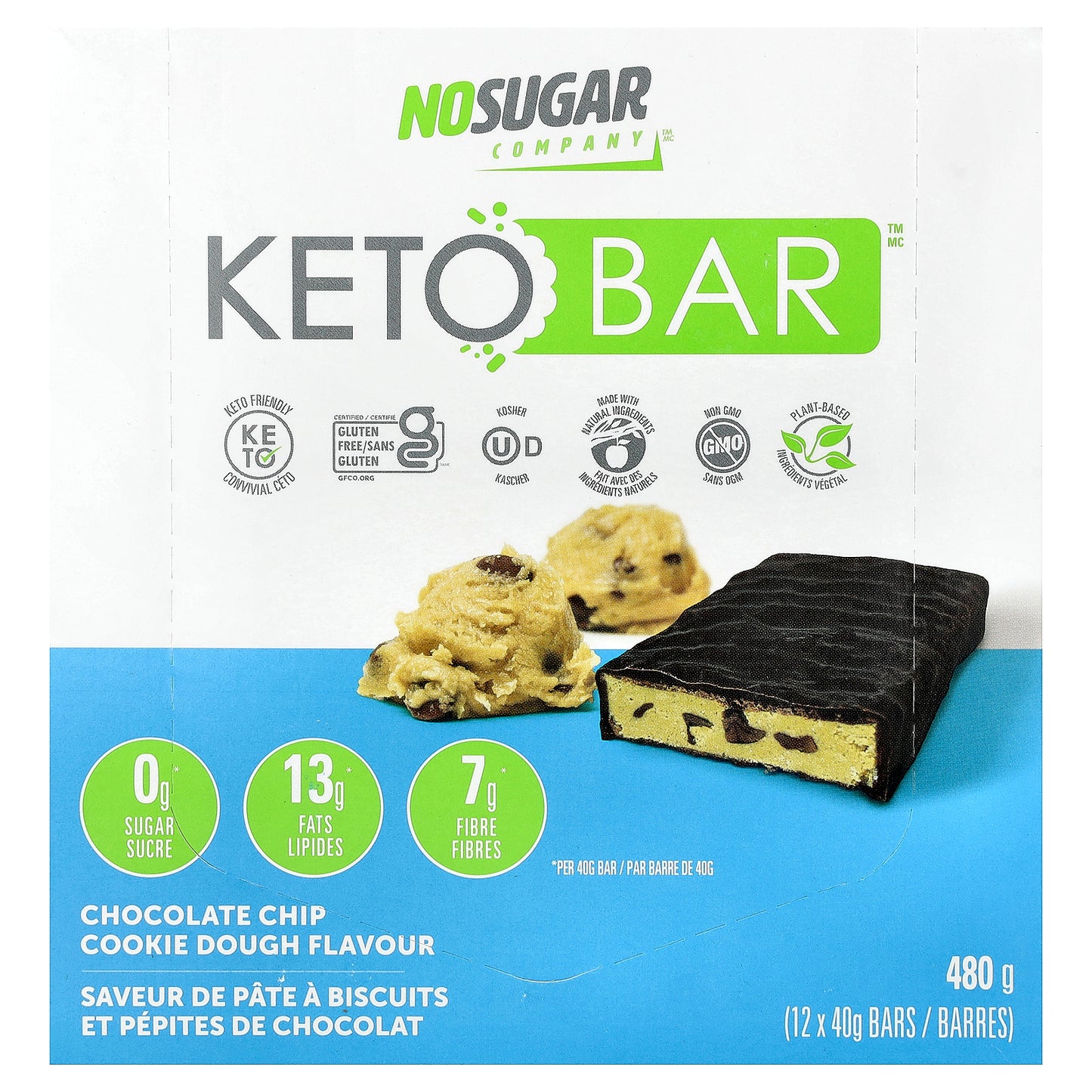 No Sugar Company, Keto Bars™, Chocolate Chip Cookie Dough, 12 Bars, 40 g Each