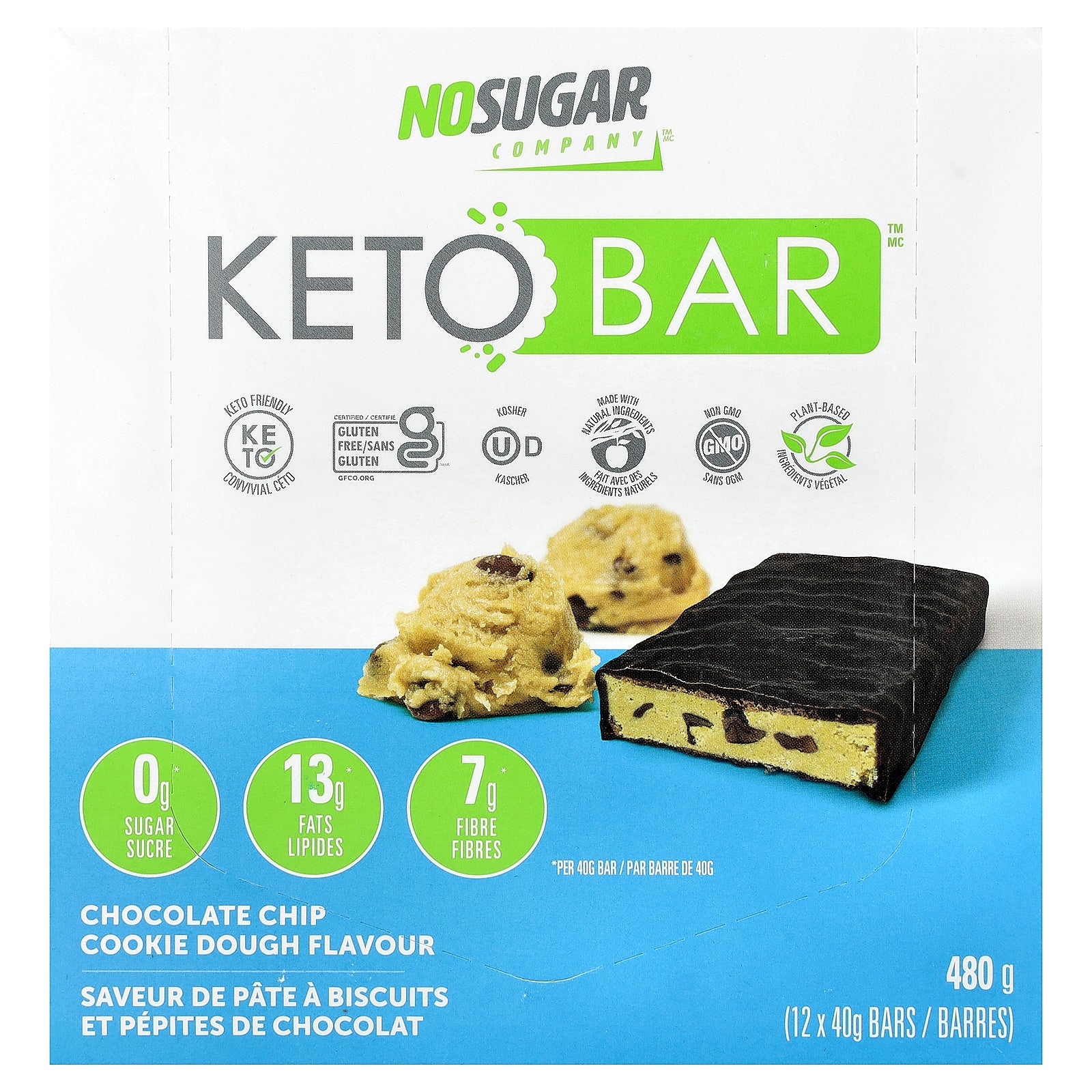 No Sugar Company, Keto Bars™, Chocolate Chip Cookie Dough, 12 Bars, 40 g Each