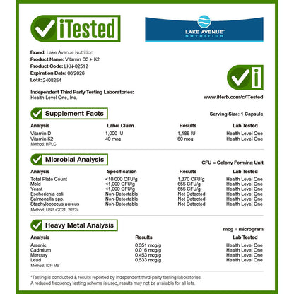 Lake Avenue Nutrition, Vitamin D3 + K2, 60 Veggie Capsules