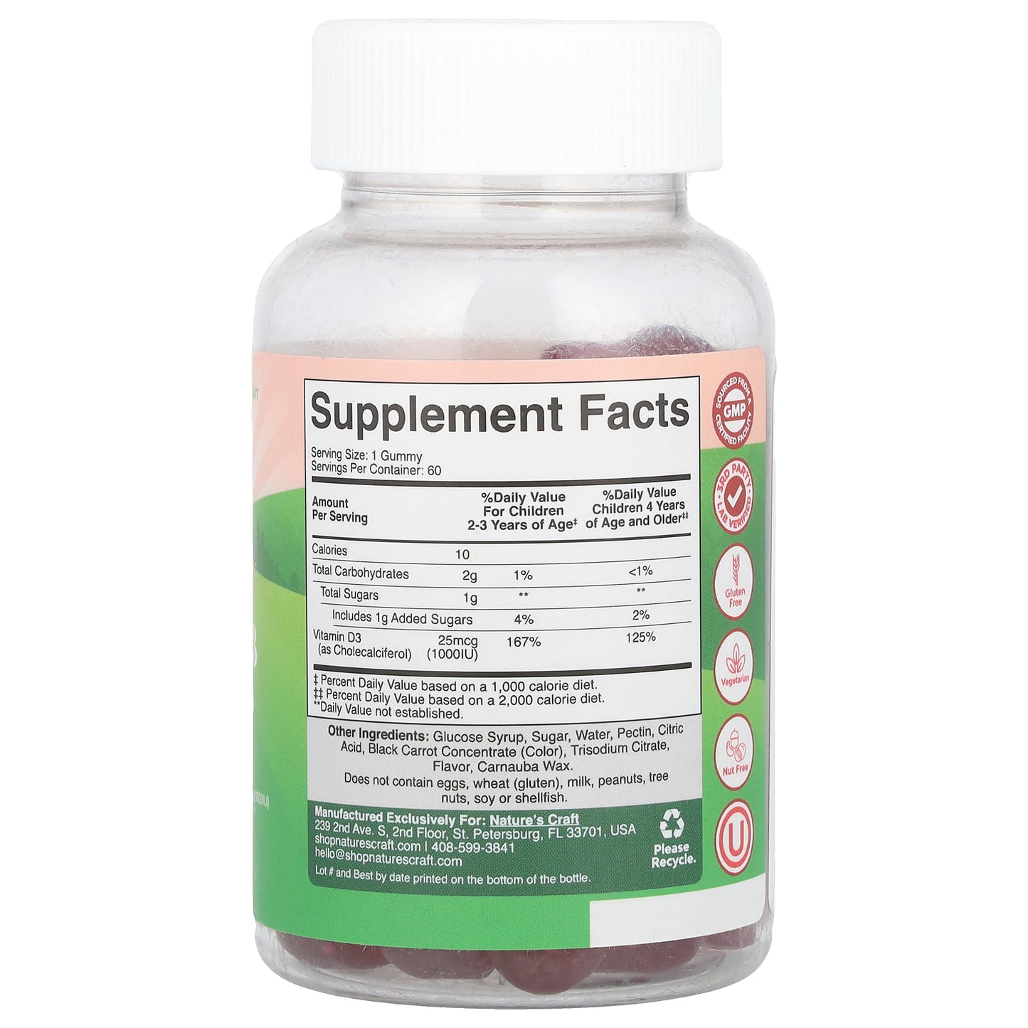 Nature's Craft, Kids Vitamin D3 Gummies, Mixed Berries, 25 mcg (1,000 IU), 60 Gummies