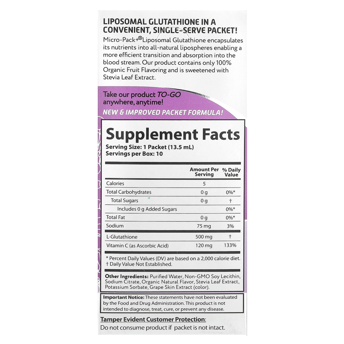 Aurora Nutrascience, Micro-Pack+®, Liposomal Glutathione , 10 Packets, 0.46 fl oz (13.5 ml) Each
