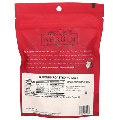 Bergin Fruit and Nut Company, Almonds Roasted, No Salt, 7 oz (198 g)