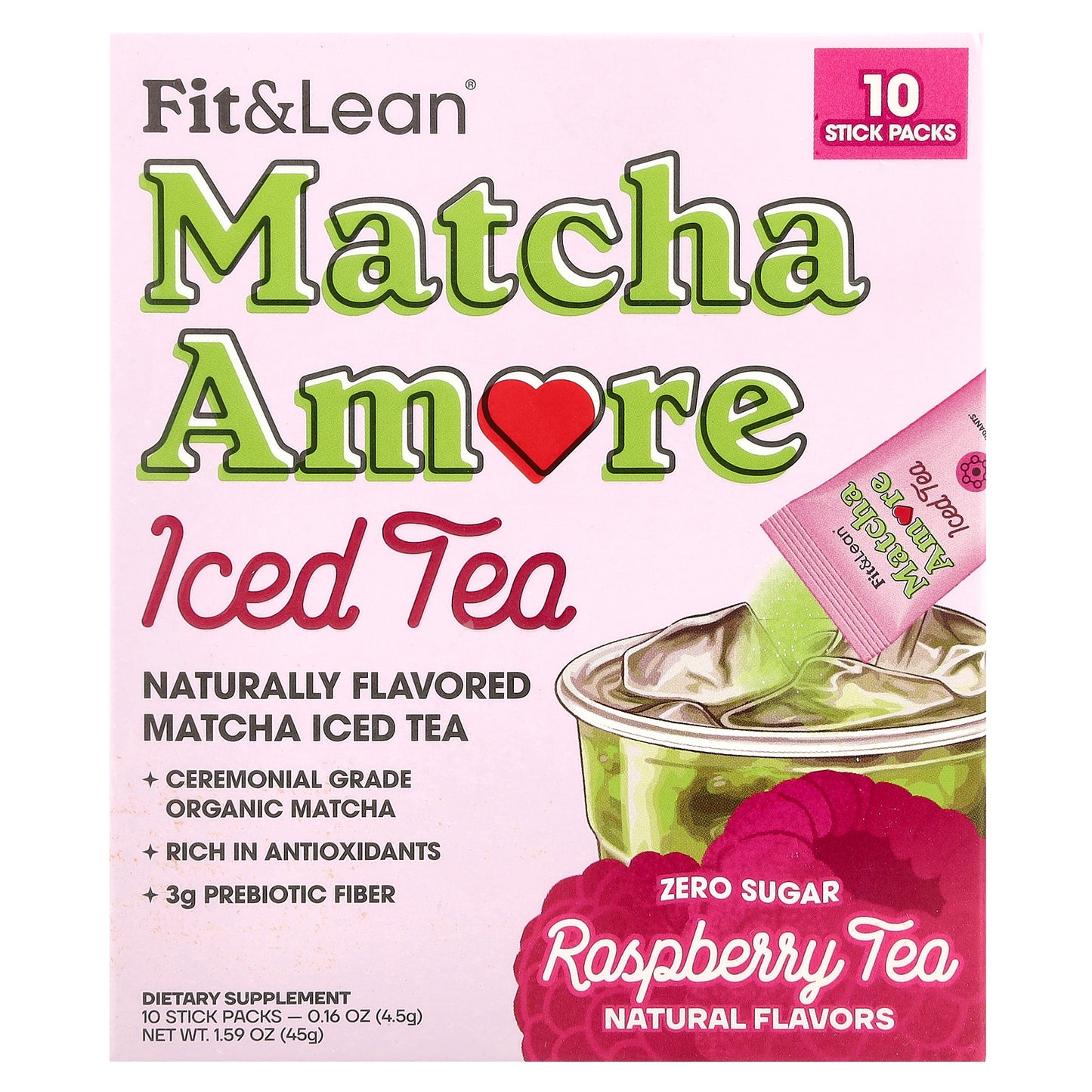 Fit & Lean, Matcha Amore Iced Tea, Raspberry Tea, 10 Stick Packs, 0.16 oz (4.5 g) Each