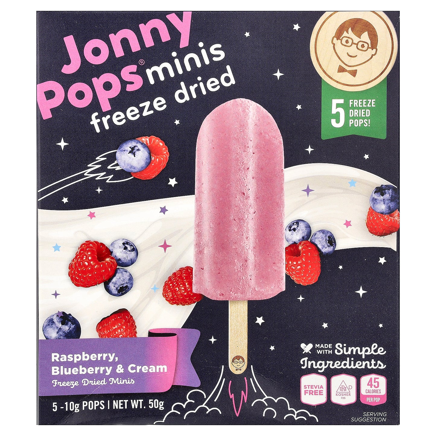 JonnyPops, Freeze Dried Minis, Raspberry, Blueberry & Cream, 5 Pops, 10 g Each