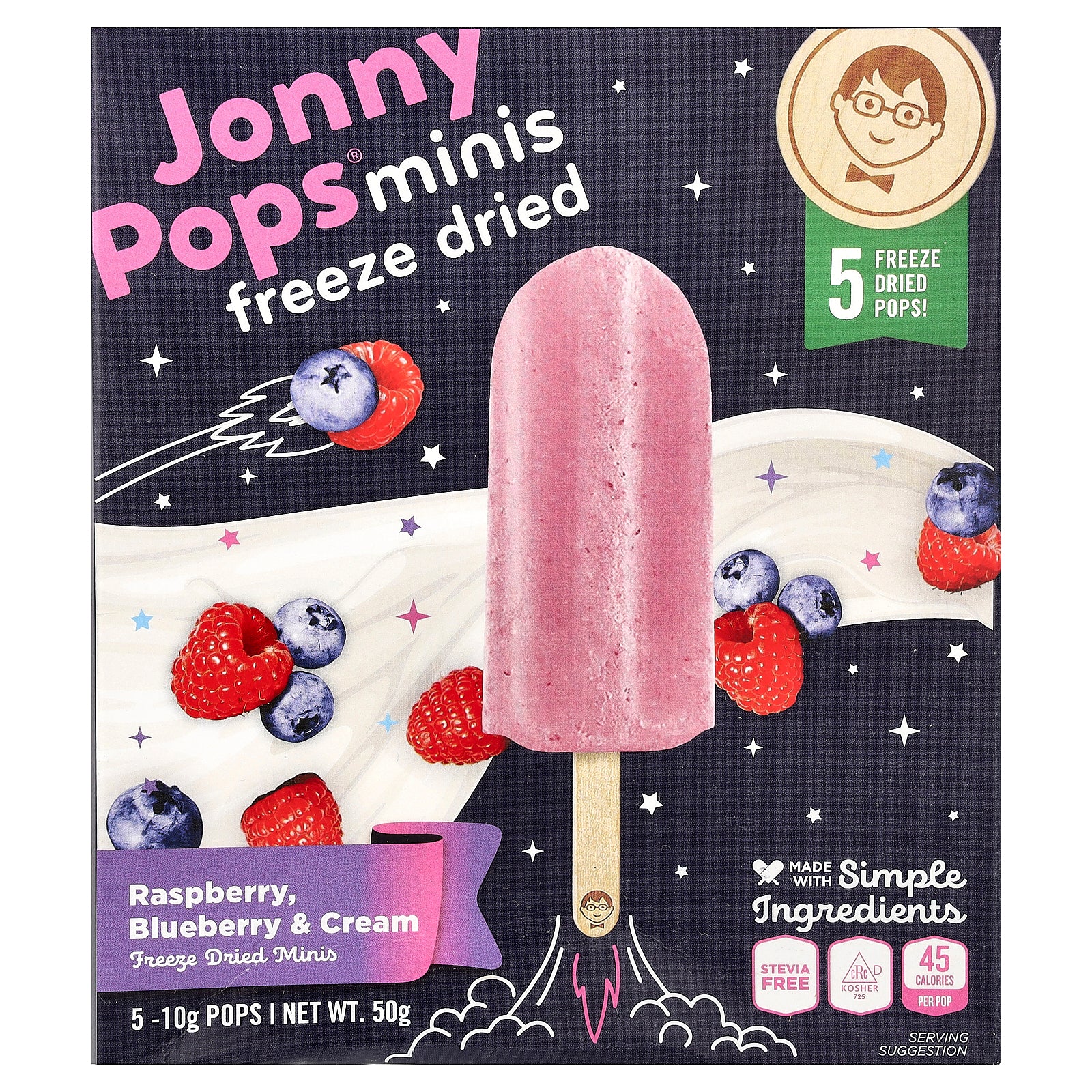 JonnyPops, Freeze Dried Minis, Raspberry, Blueberry & Cream, 5 Pops, 10 g Each