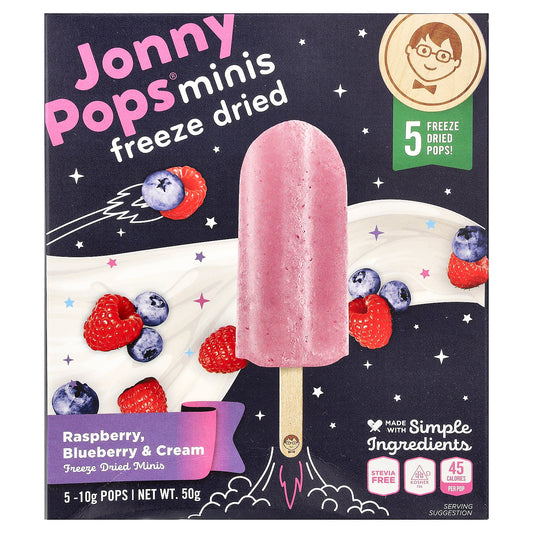 JonnyPops, Freeze Dried Minis, Raspberry, Blueberry & Cream, 5 Pops, 10 g Each