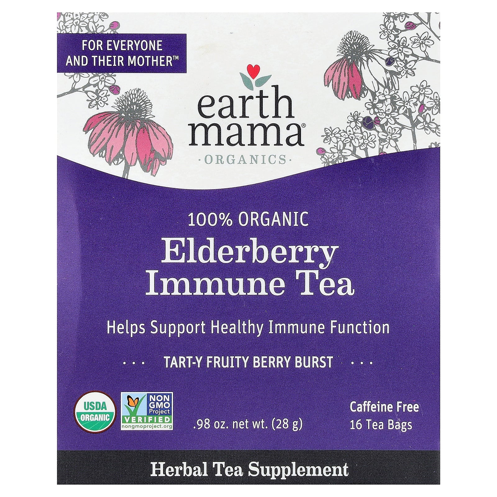 Earth Mama, Organics, 100% Organic Elderberry Immune Tea, Tart-Y Fruity Berry Burst, Caffeine Free, 16 Tea Bags, 0.98 oz (28 g)
