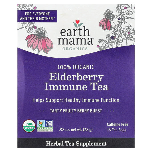 Earth Mama, Organics, 100% Organic Elderberry Immune Tea, Tart-Y Fruity Berry Burst, Caffeine Free, 16 Tea Bags, 0.98 oz (28 g)