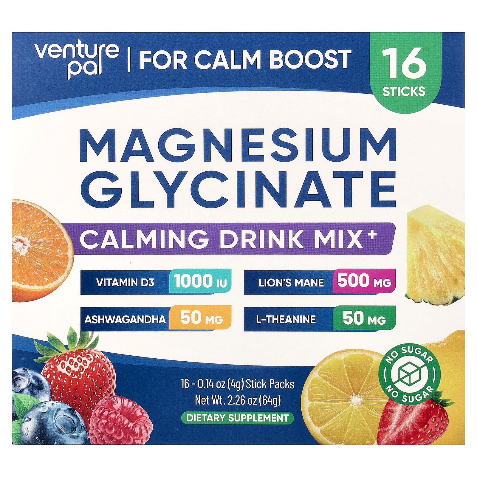 Venture Pal, Calming Drink Mix+, Magnesium Glycinate, Variety, 16 Stick Packs, 0.14 oz (4 g) Each