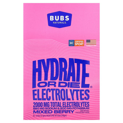BUBS Naturals, Hydrate or Die®, Electrolytes Drink Mix, Mixed Berry, 20 Packets, 0.43 oz (12.3 gm) Each