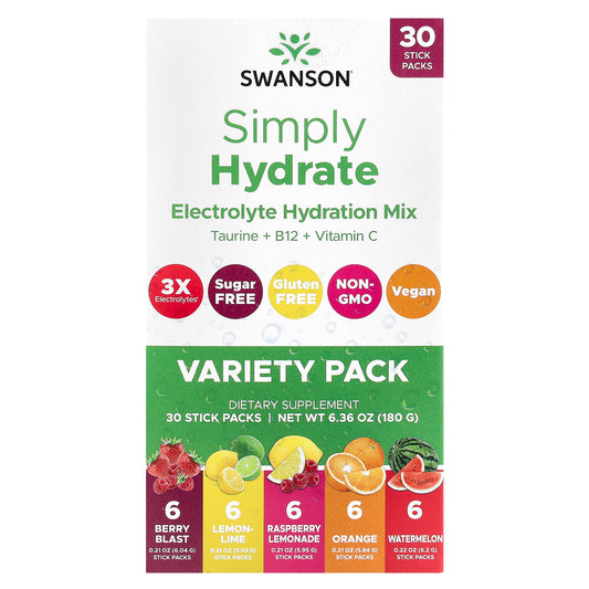 Swanson, Simply Hydrate, Electrolyte Hydration Mix, Variety Pack, 30 Sticks Packs, 6.36 oz (180 g)