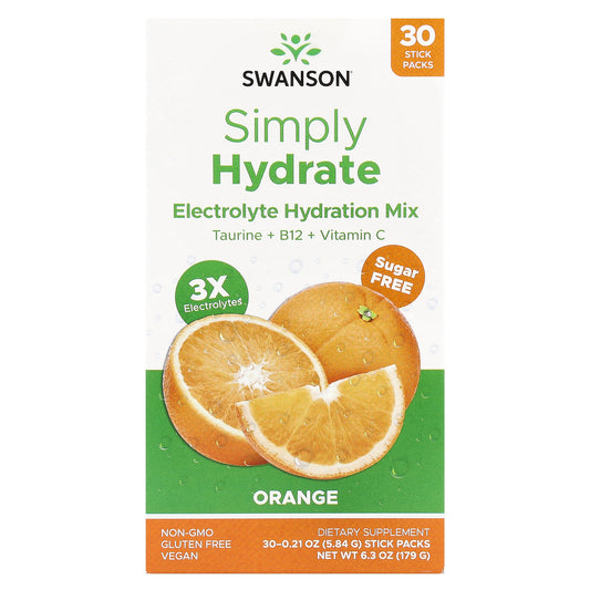 Swanson, Simply Hydrate, Electrolyte Hydration Mix, Sugar Free, Orange, 30 Stick Packs, 0.21 oz (5.84 g) Each