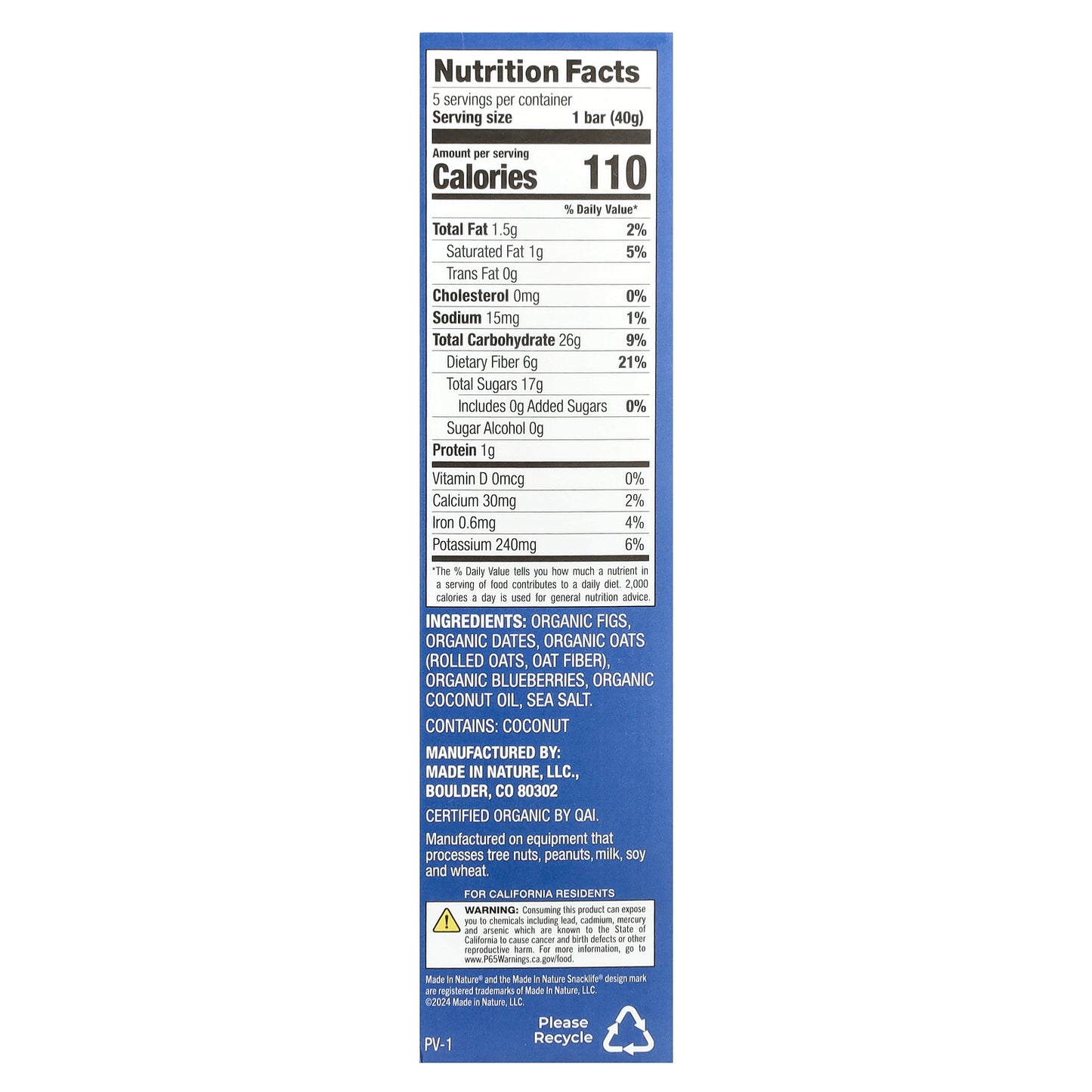 Made in Nature, Fig 'N' Oats®, Blueberry, 5 Individually Wrapped Bars, 1.4 oz (40 g) Each