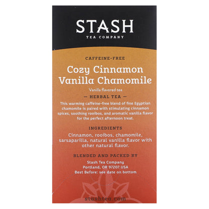 Stash Tea, Herbal Tea, Cozy Cinnamon, Vanilla Chamomile, Caffeine-Free, 18 Tea Bags, 0.8 oz (25 g)