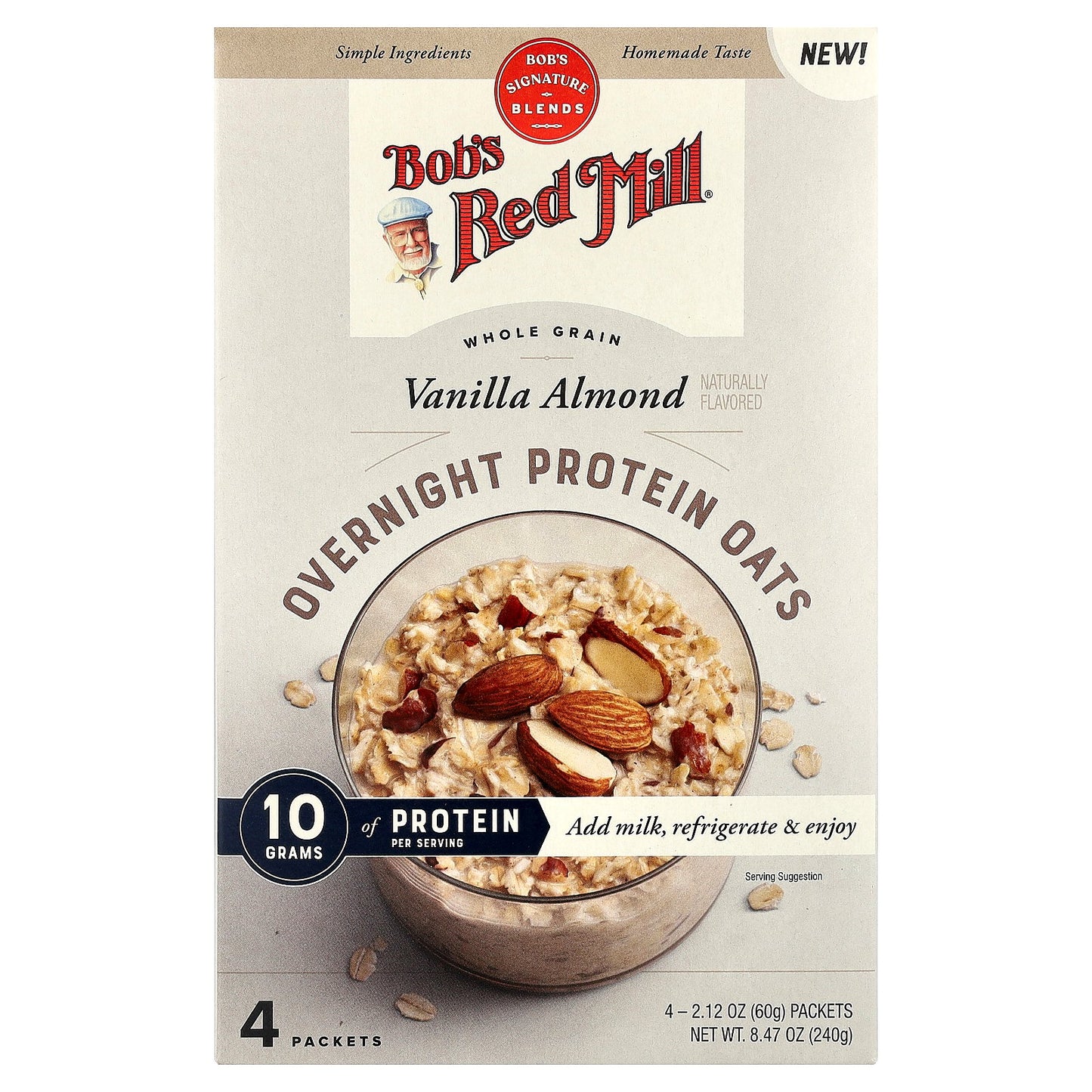 Bob's Red Mill, Overnight Protein Oats, Whole Grain, Vanilla Almond, 4 Packets, 2.12 oz (60 g) Each