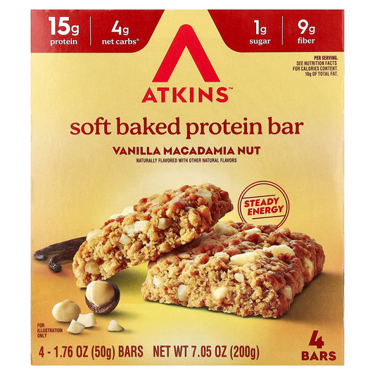 Atkins, Soft Baked Protein Bar, Vanilla Macadamia Nut, 4 Bars, 1.76 oz (50 g) Each