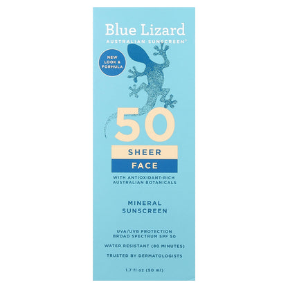 Blue Lizard Australian Sunscreen, Sheer Face Mineral Sunscreen, SPF 50, 1.7 fl oz (50 ml)