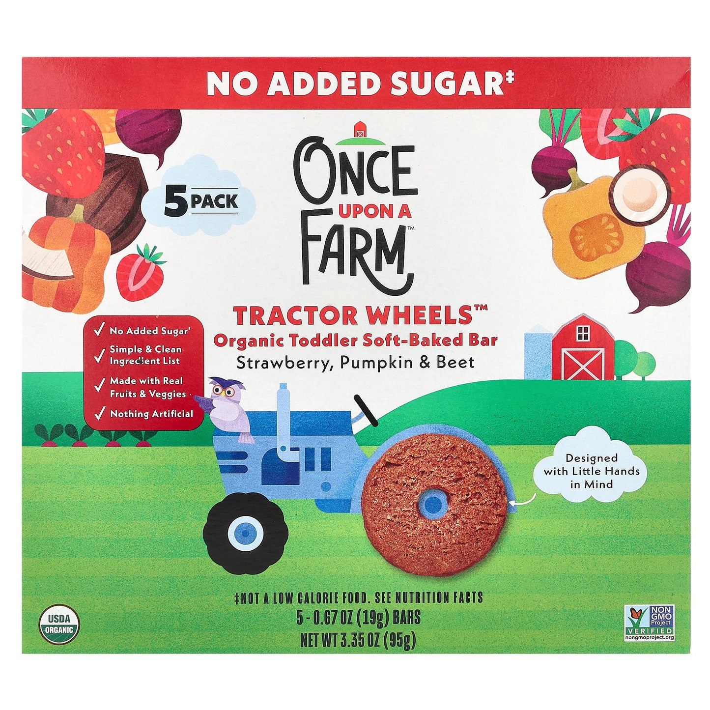 Once Upon A Farm, Organic Toddler Soft-Baked Bar, Tractor Wheels™, Strawberry, Pumpkin & Beet , 5 Bars, 0.67 oz (19 g) Each