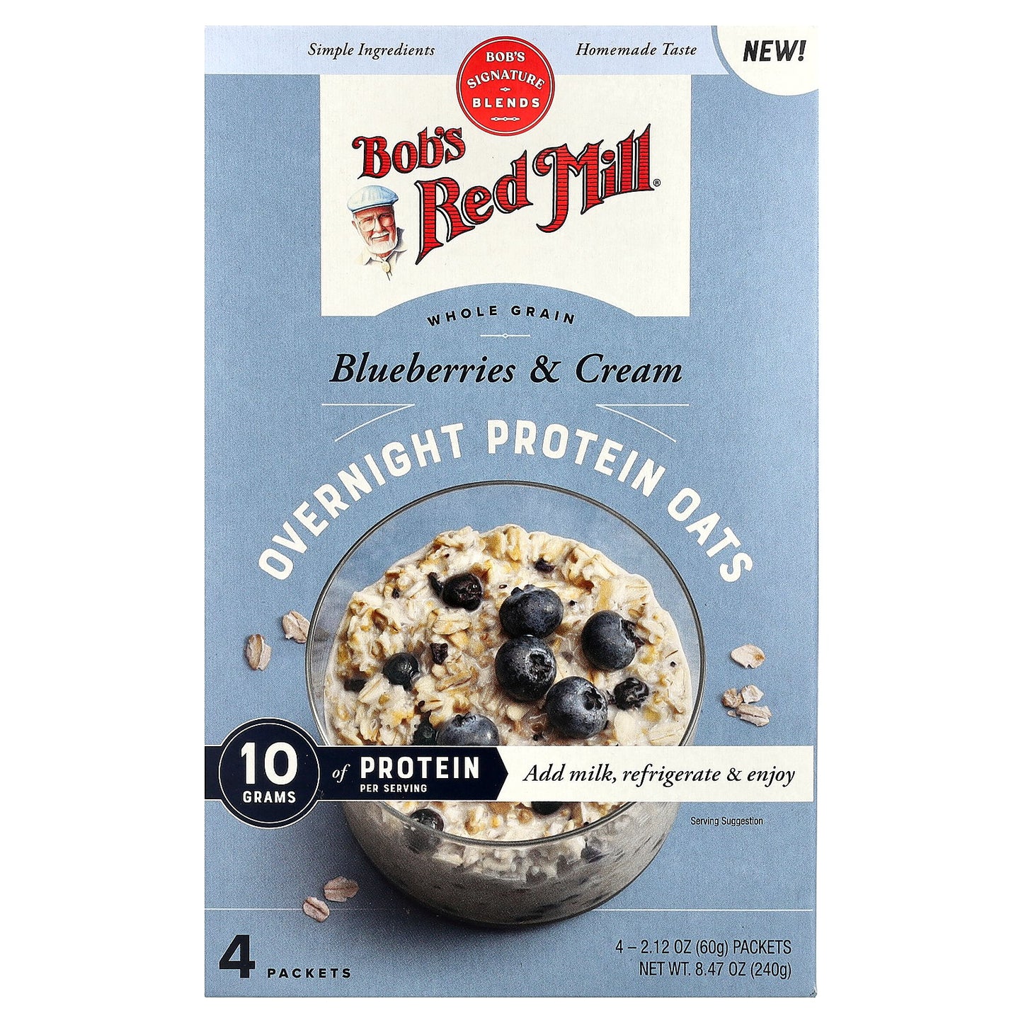 Bob's Red Mill, Overnight Protein Oats, Whole Grain, Blueberries & Cream, 4 Packets, 2.12 oz (60 g) Each
