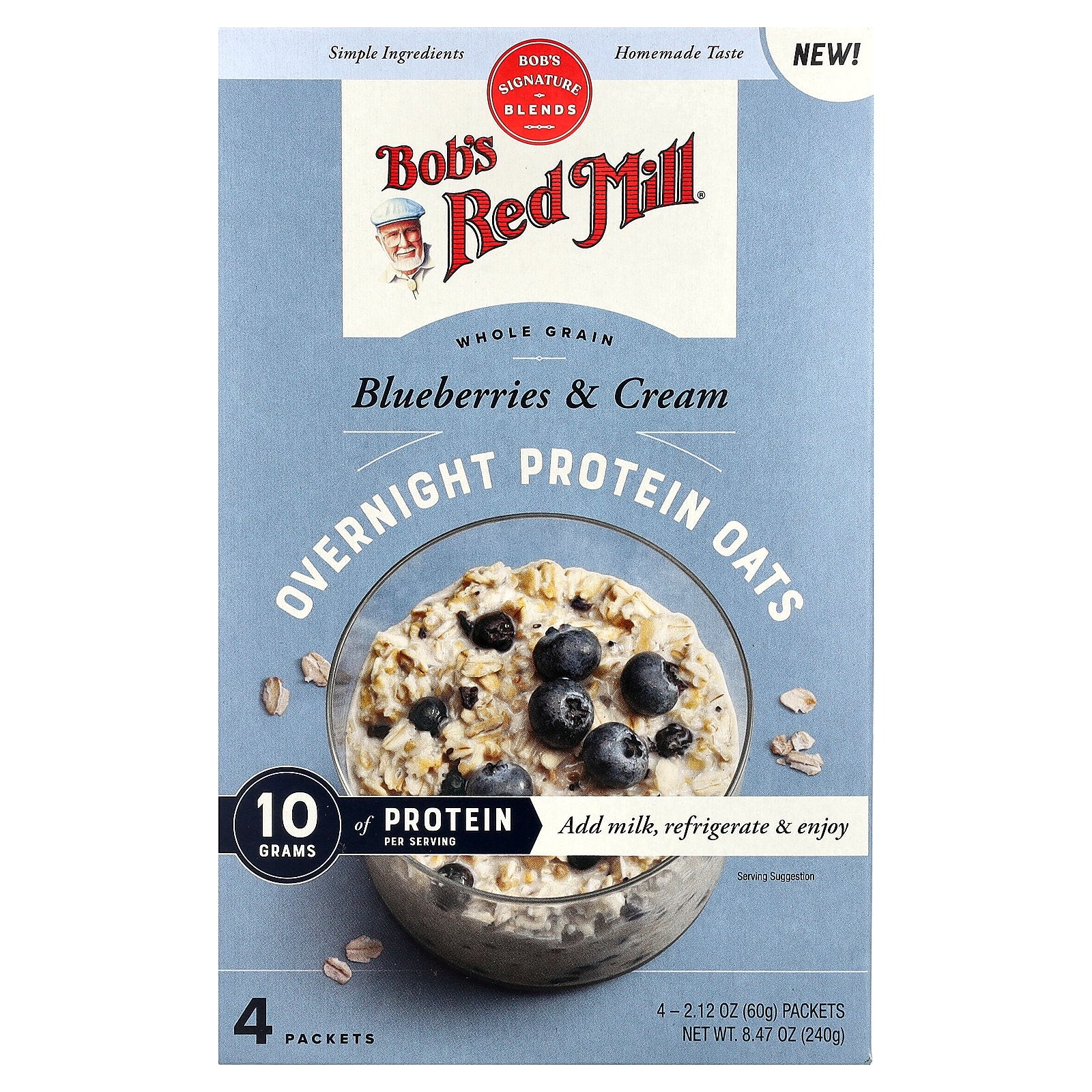 Bob's Red Mill, Overnight Protein Oats, Whole Grain, Blueberries & Cream, 4 Packets, 2.12 oz (60 g) Each