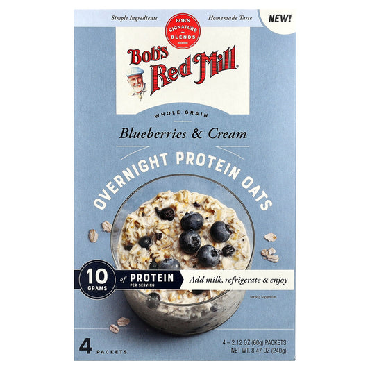 Bob's Red Mill, Overnight Protein Oats, Whole Grain, Blueberries & Cream, 4 Packets, 2.12 oz (60 g) Each