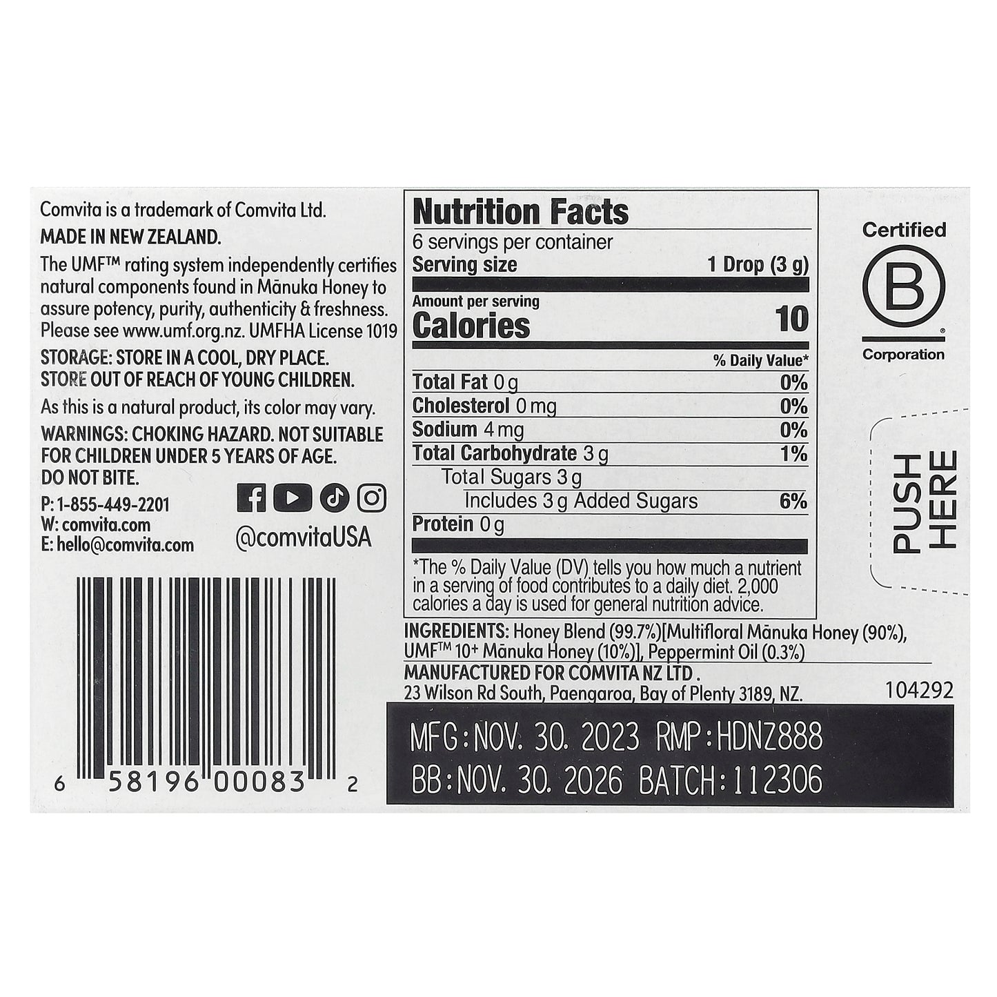 Comvita, Manuka Honey Drops, Peppermint, 6 Drops, 0.63 oz (18 g)