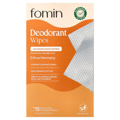 fomin, Deodorant Wipes, Citrus Harmony, 15 Individually Wrapped Wipes