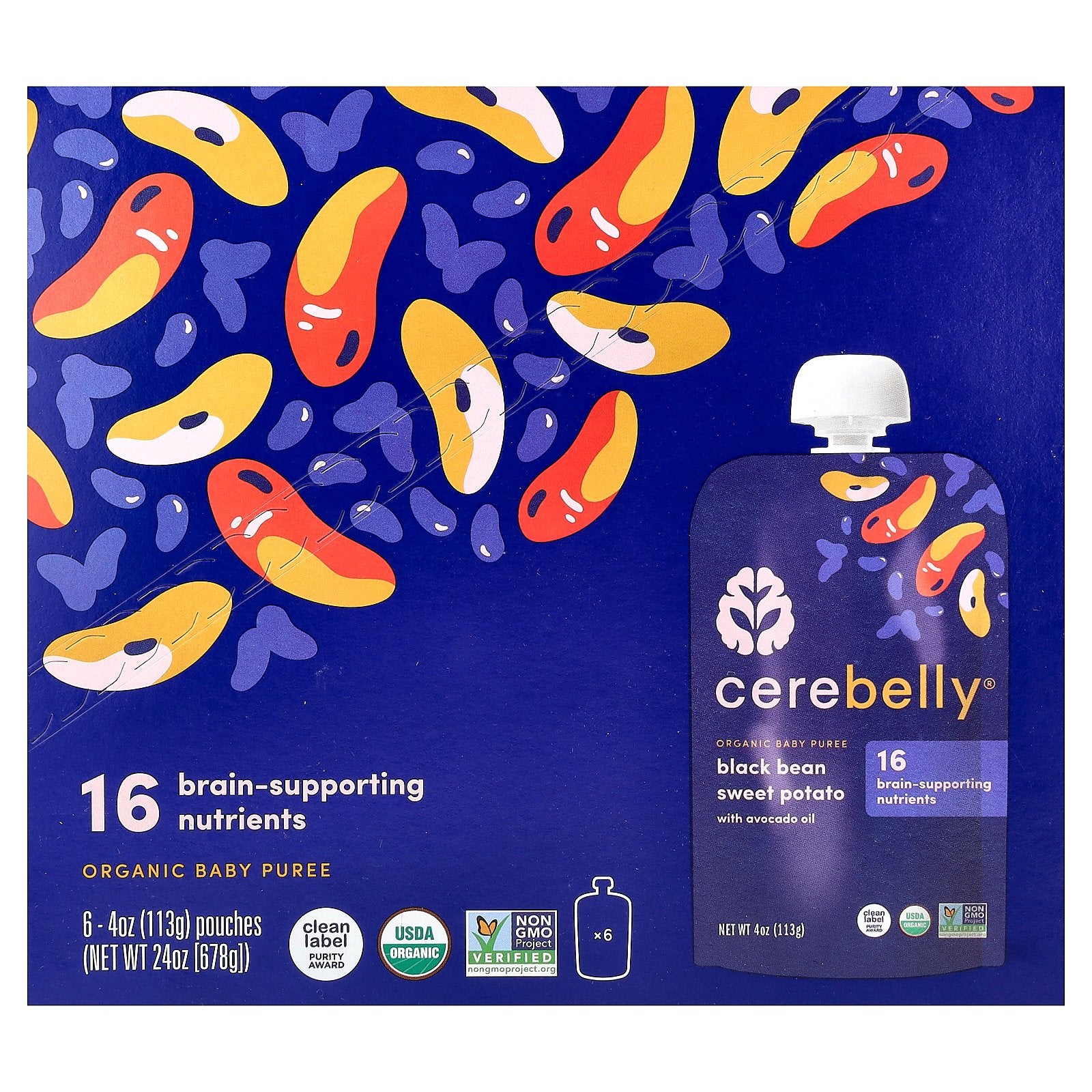 Cerebelly, Organic Baby Puree, Black Bean Sweet Potato with Avocado Oil, 6 Pouches, 4 oz (113 g Each)