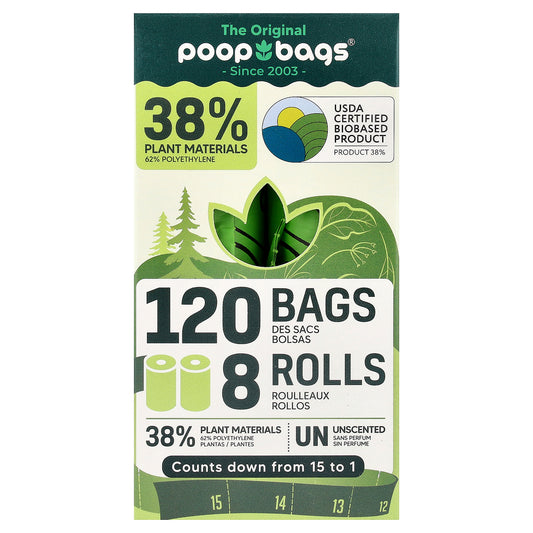 Original Poop Bags, Unscented, 8 Rolls, 15 Bags Each