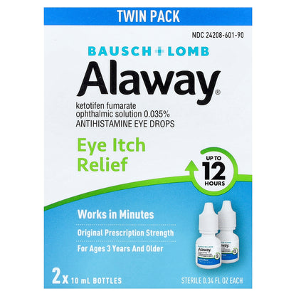 Alaway, Eye Itch Relief, Antihistamine Eye Drops, Twin Pack, 2 Bottles, 0.34 fl oz (10 ml) Each