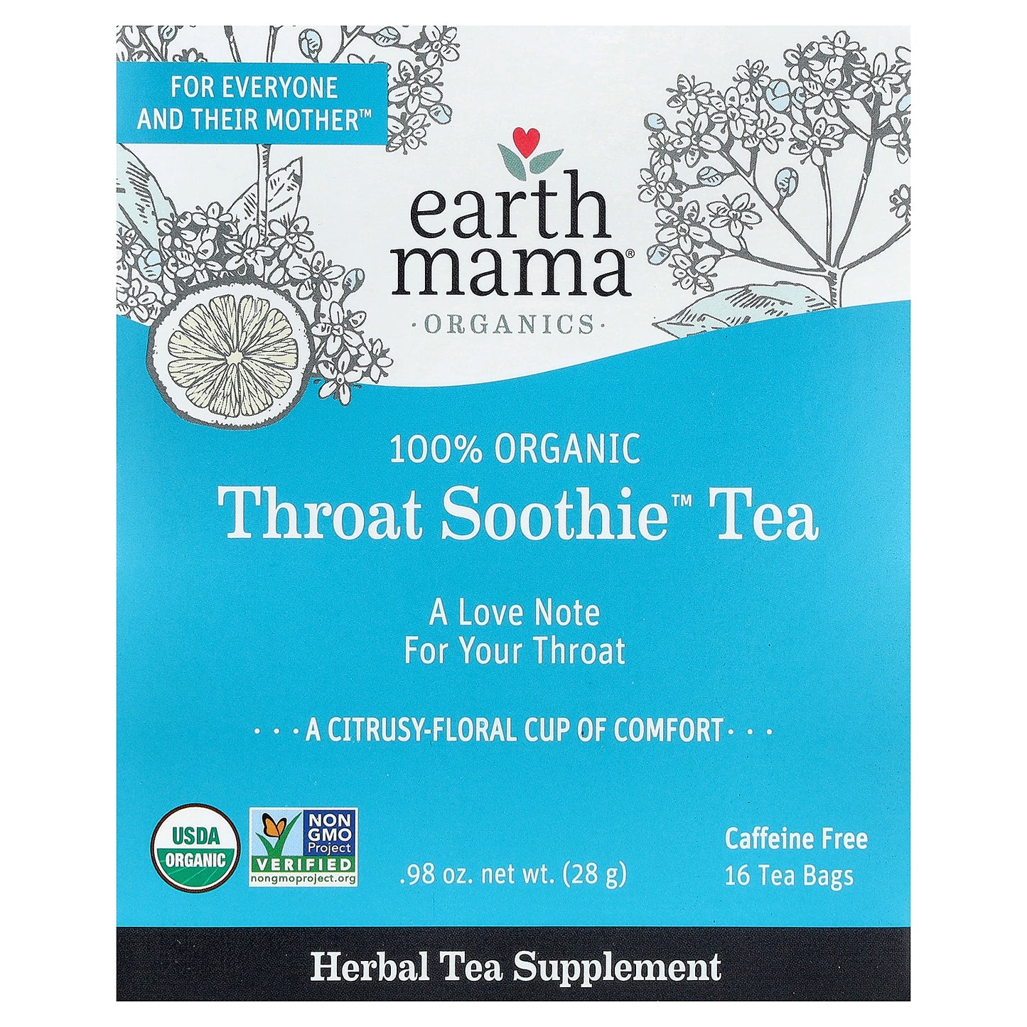 Earth Mama, Organics, 100% Organic Throat Soothie™ Tea, Caffeine Free, 16 Tea Bags, 0.98 oz (28 g)