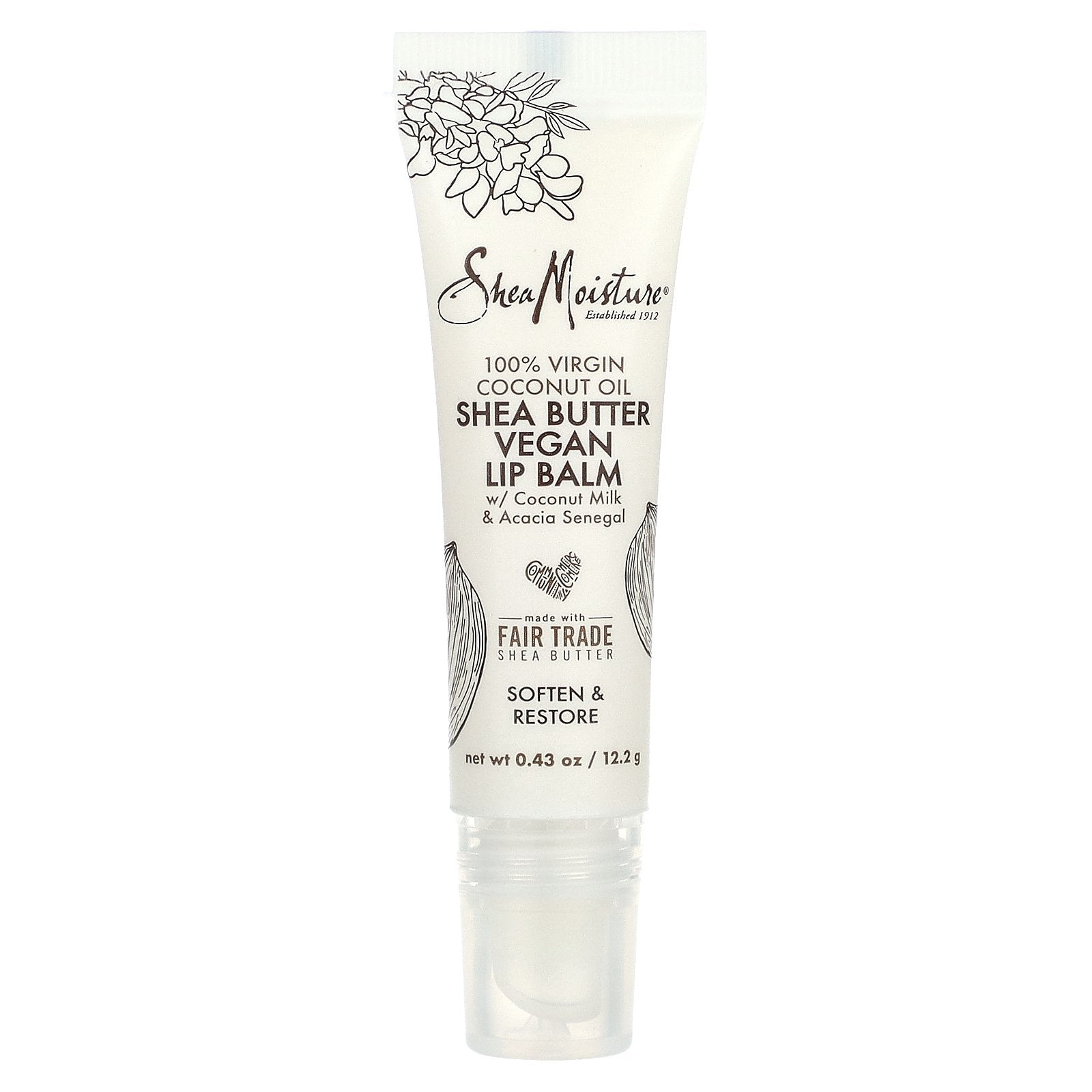 SheaMoisture, Shea Butter Vegan Lip Balm with Coconut Milk & Acacia Senegal, 100% Virgin Coconut Oil, 0.43 oz (12.2 g)