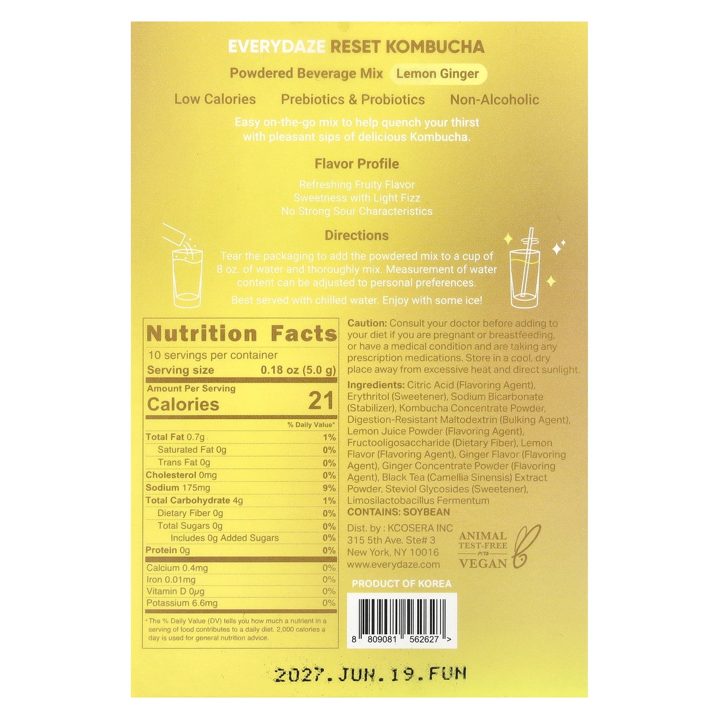 Everydaze, Reset Kombucha, Powdered Beverage Mix, Lemon Ginger, 10 Packets, 0.18 oz (5 g) Each