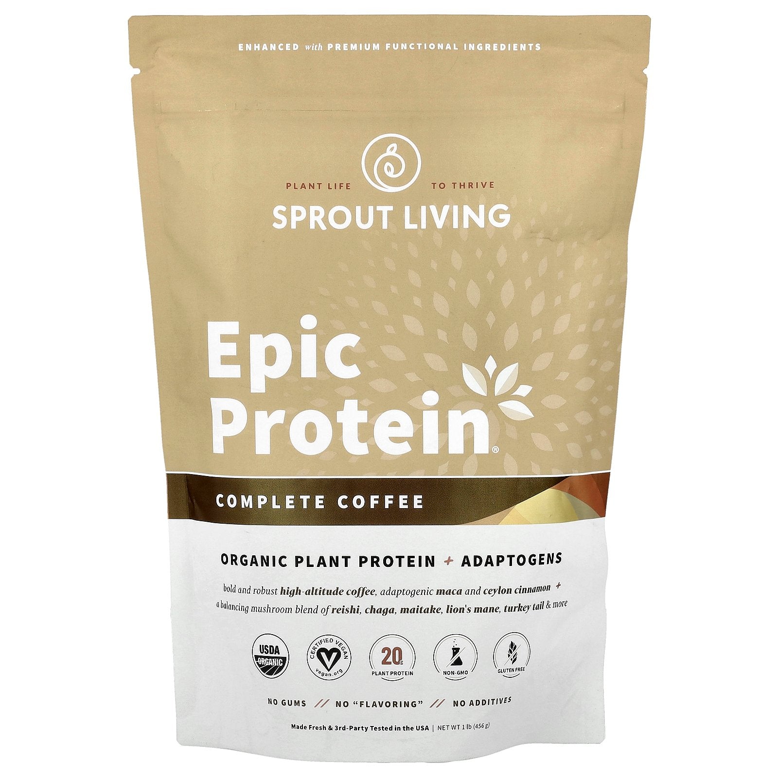 Sprout Living, Epic Protein®, Organic Plant Protein + Adaptogens, Complete Coffee, 1 lb (456 g)