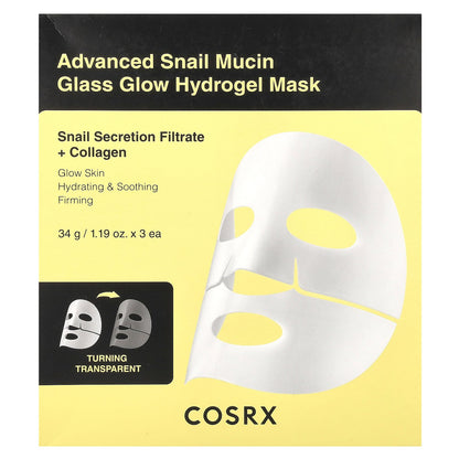 CosRx, Advanced Snail Mucin Glass Glow Hydrogel Beauty Mask, 3 Sheets, 1.19 oz (34 g)