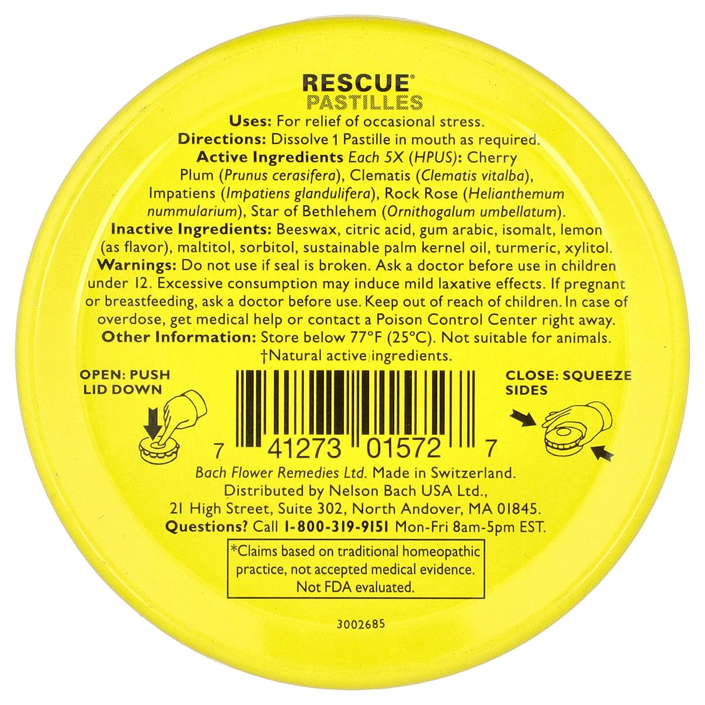 Bach, Rescue® Pastilles, Natural Stress Relief, Lemon, 35 Pastilles, 1.7 oz (50 g)