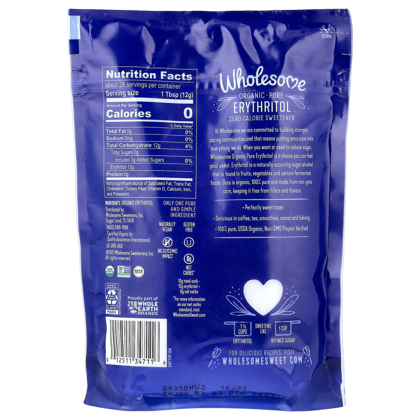 Wholesome Sweeteners, Organic Pure Erythritol, Zero Calorie Sweetener, 12 oz (340 g)