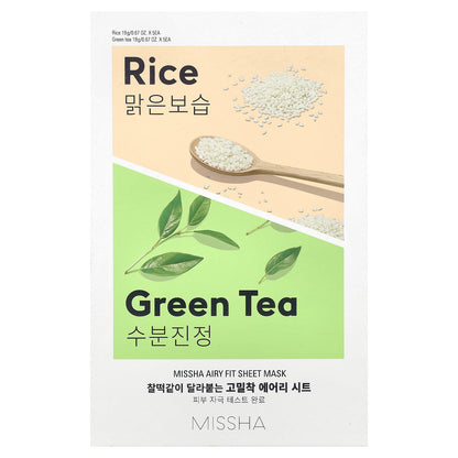 Missha, Airy Fit Beauty Sheet Mask, Rice & Green Tea, 10 Sheets, 0.67 oz (19 g) Each